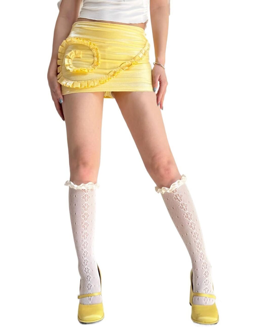 5745 Lace Knee High Socks Cute Off White Lace Ruffle Fishnet Stockings